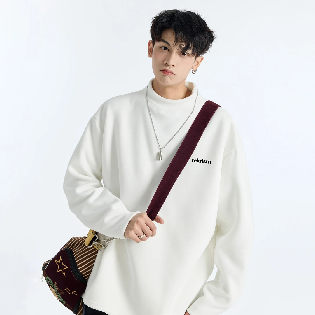 印花德绒打底衫男秋冬内搭舒适保暖半高领卫衣潮牌长袖T恤