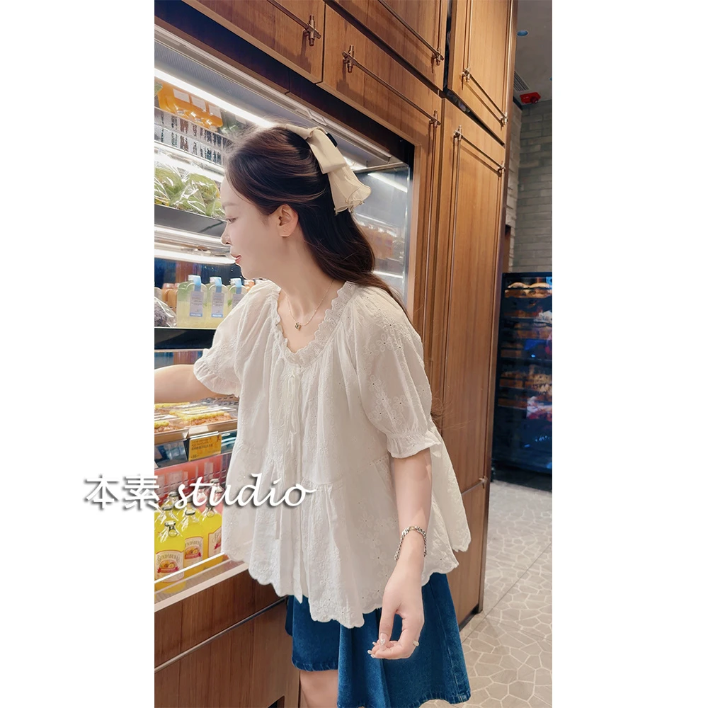 白玉海棠Y2846刺绣全开扣系带蕾丝边圆领短袖衬衫甜美小衫