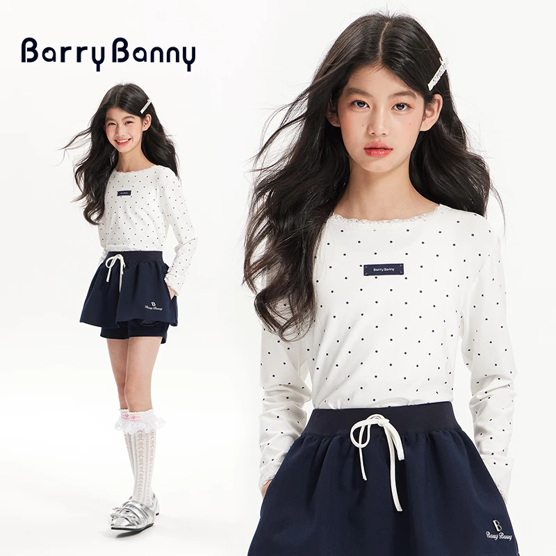 BarryBanny女童波点花边T恤2025春季新款圆领修身中大童长袖上衣