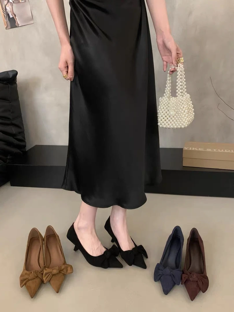 绝美法式尖头小猫跟绒面蝴蝶结浅口单鞋2025秋季新款细跟通勤女鞋