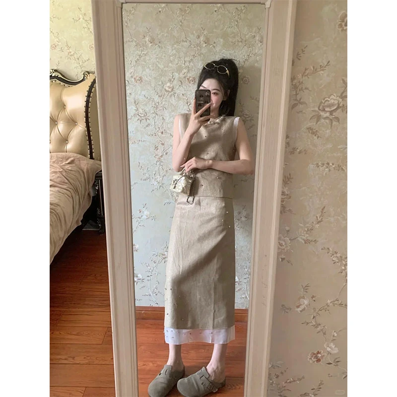夏季甜美风休闲洋气设计小众无袖上衣高腰网纱拼接半身裙长裙套装