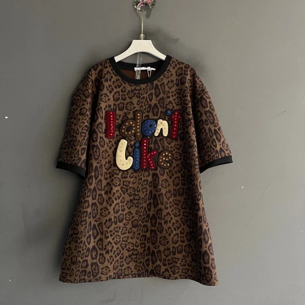 秋冬季豹纹大码宽松加厚显瘦时尚短袖打底衫半袖上衣女