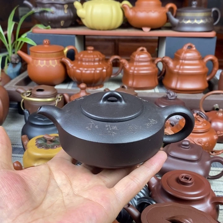 茶壶紫砂曼生扁石200cc原生矿黑料特价