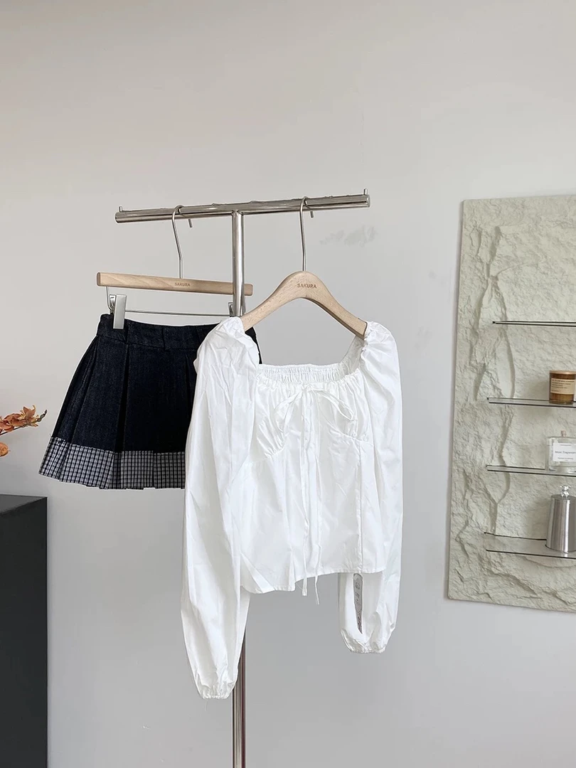 黑色方领长袖衬衫女修身显瘦泡泡袖短款法式小衫上衣时尚气质