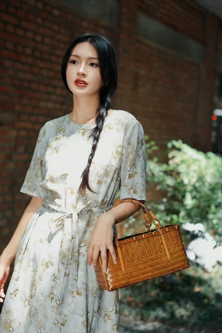 LINGZI领姿夏季中长款收腰显瘦短袖印花中国风碎花连衣裙