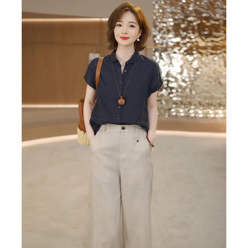 夏季女士轻奢亚麻短袖上衣休闲百搭时尚宽松简约小众T恤M33-8706