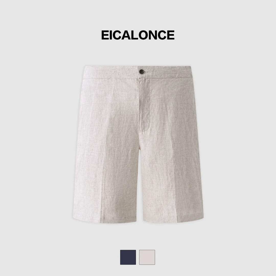 意卡伦萨 100亚麻夏季亲肤透气宽松百搭松紧腰休闲短裤男KM12342