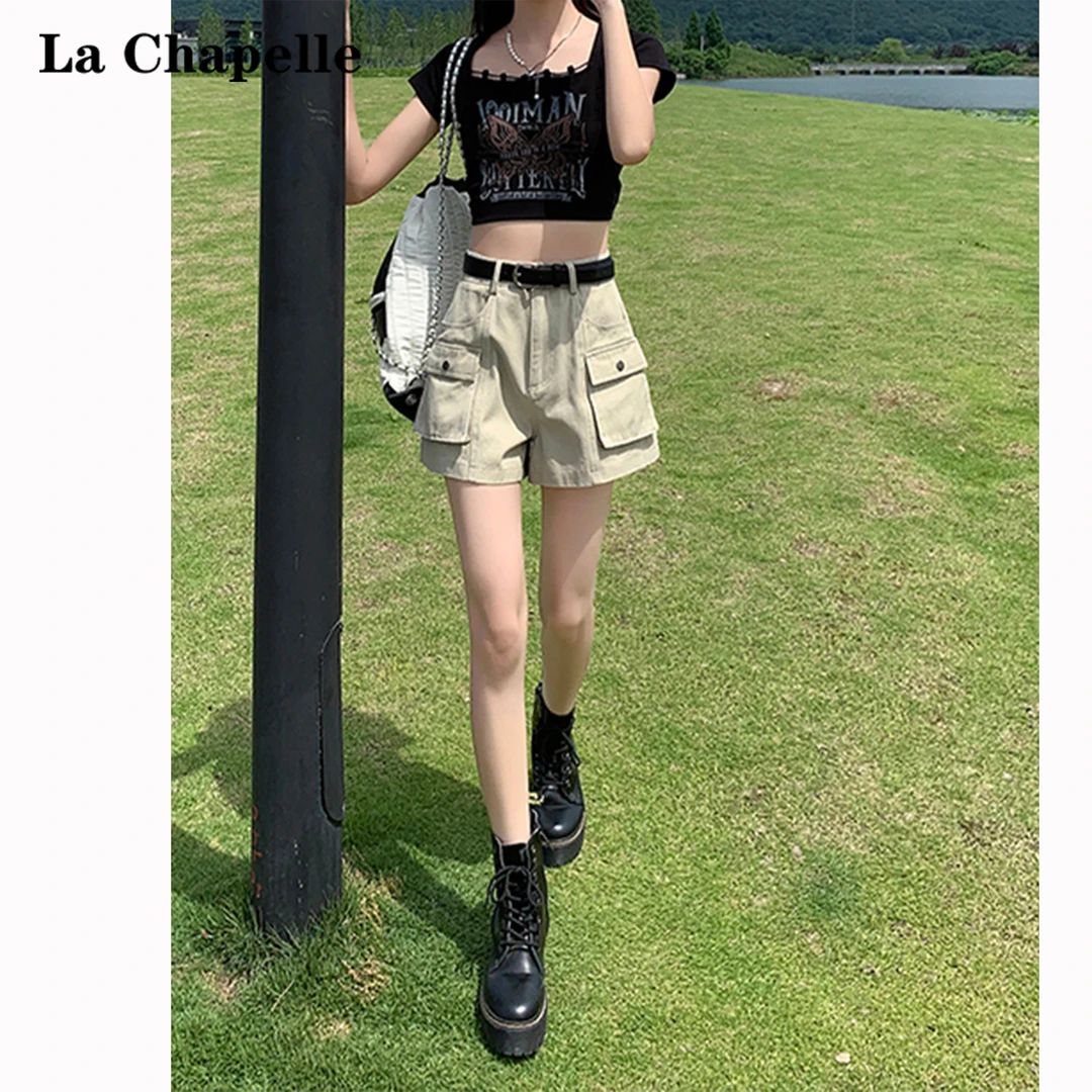 拉夏贝尔美式高腰工装牛仔短裤女夏季2025新款设计感百搭阔腿热裤