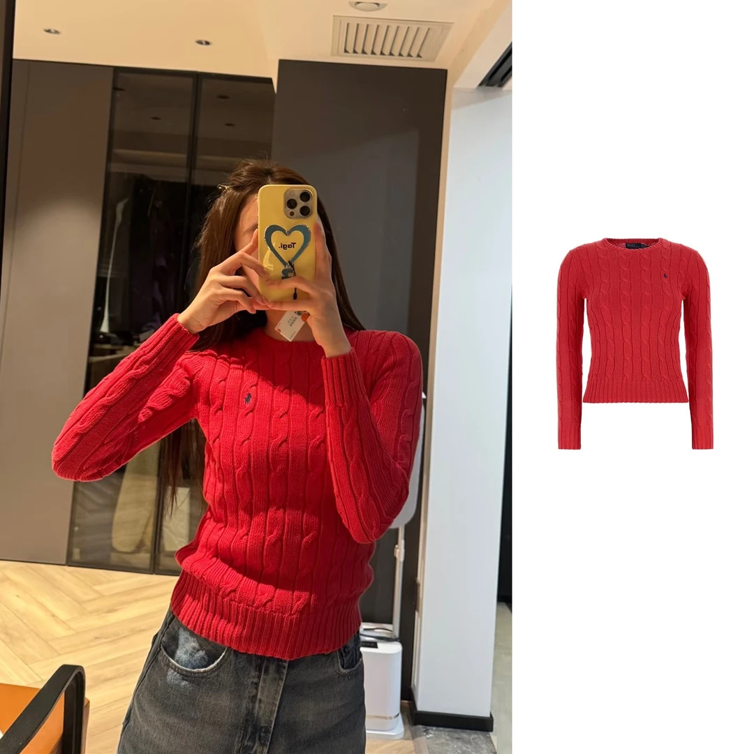 未使用 Ralph Lauren/拉夫劳伦 红色徽标粗绞花针织衫