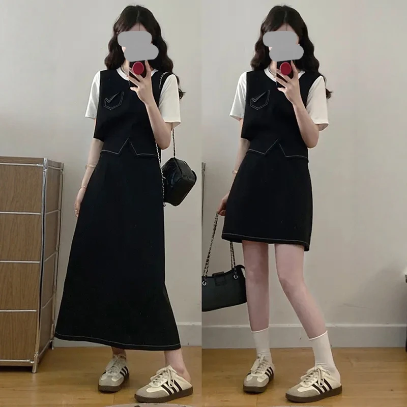2026夏季新款韩版设计感小众假两件拼接上衣高腰半身裙两件套女潮