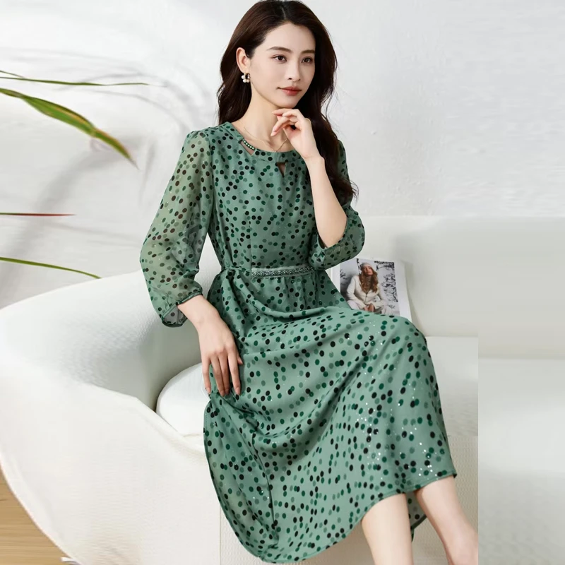 绿波点影裙  新款中长款夏季时连衣裙百搭遮肉裙子