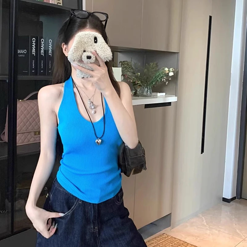 辣妹风蓝色针织挂脖吊带背心女夏季复古显白显瘦别致美背无袖上衣