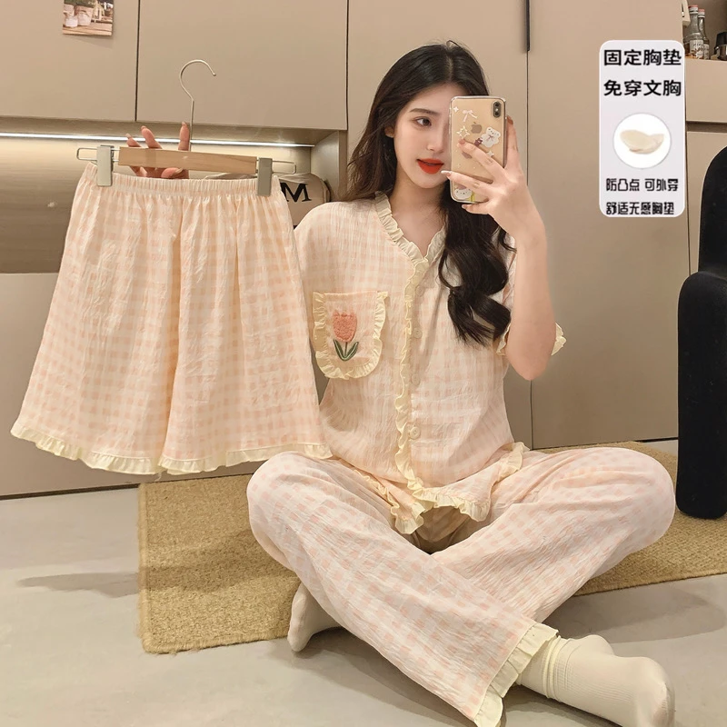 夏季女款带胸垫短袖睡衣纯棉可外穿甜美格子宽松休闲家居服