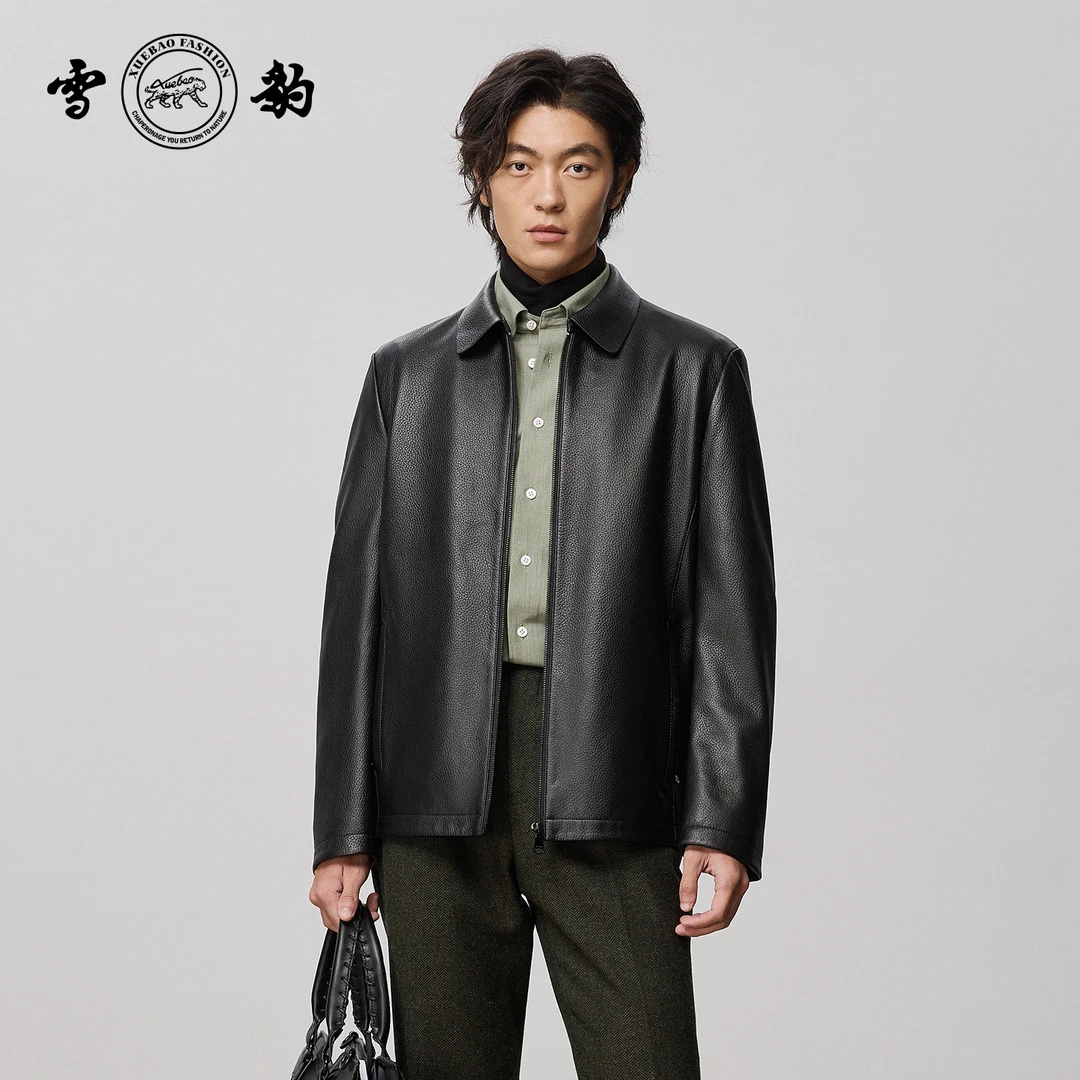 【雪豹】85509 短款皮衣男士商务休闲鹿皮翻领皮衣外套男款黑色