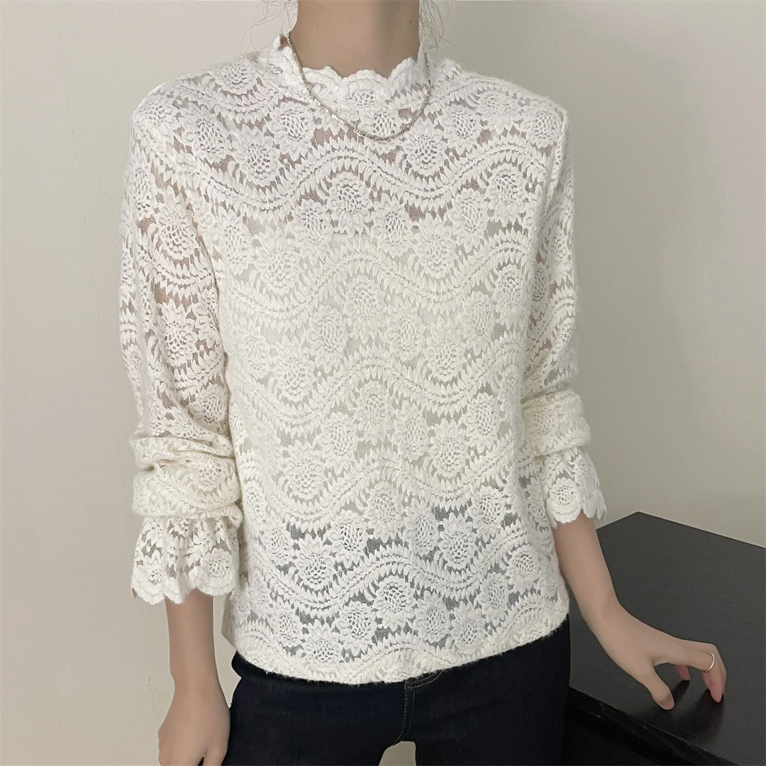 2024新款蕾丝钩花圆领打底衫新款时尚百搭镂空设计长袖上衣