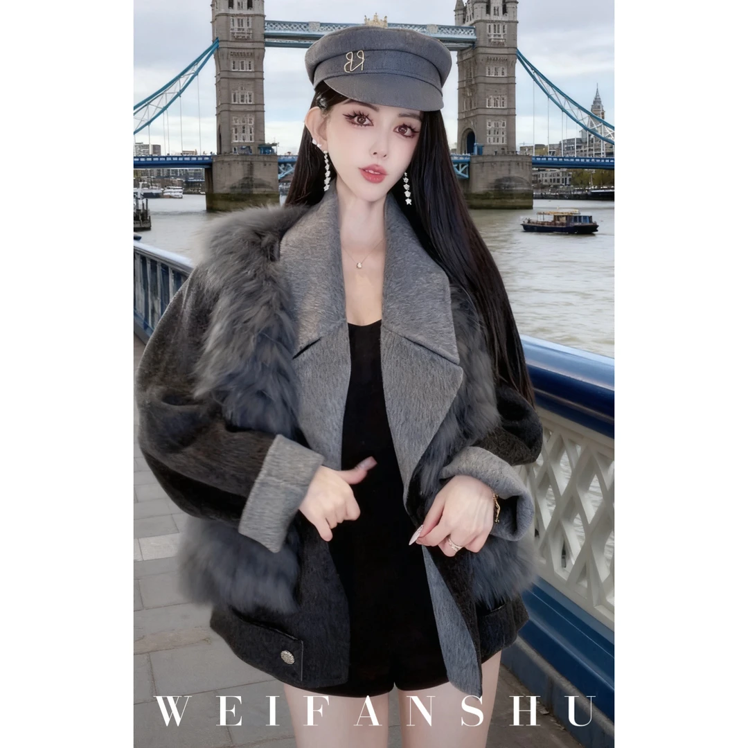WEIFANSHU/魏凡舒【古早滤镜】秋冬新款高级感羊毛狐狸毛大衣外套
