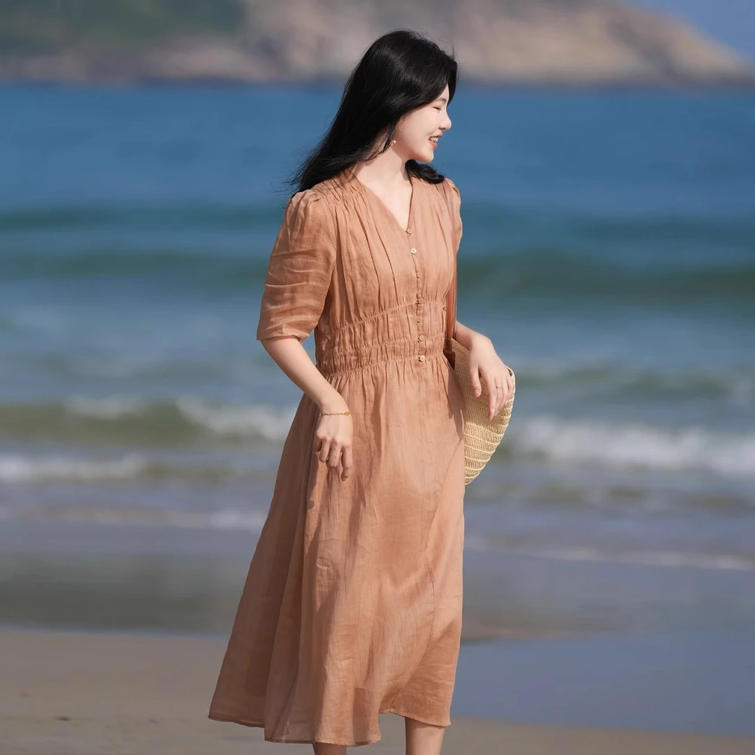 2025夏季新款气质高端范高级感端庄大气大码女装胖MM卡其色连衣裙