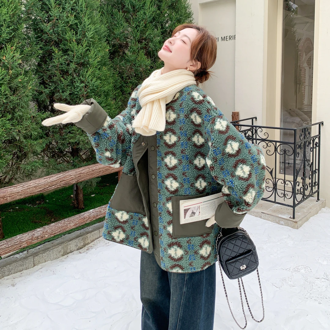 两面穿印花毛绒外套女冬新款2025超好看韩版宽松加绒加厚棉服棉衣