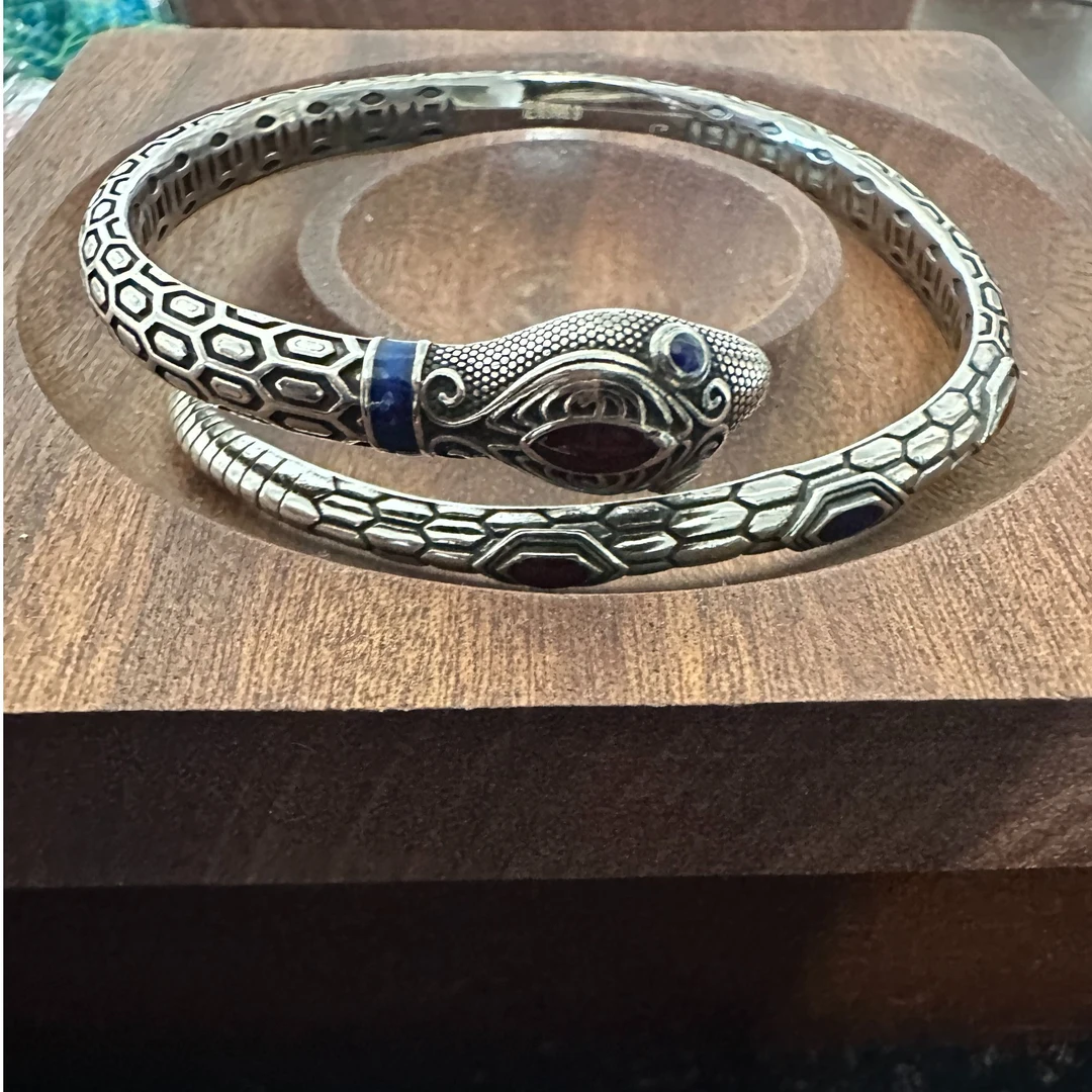 足银银制品 F39中式灵蛇珐琅彩工艺古银色手镯开口款