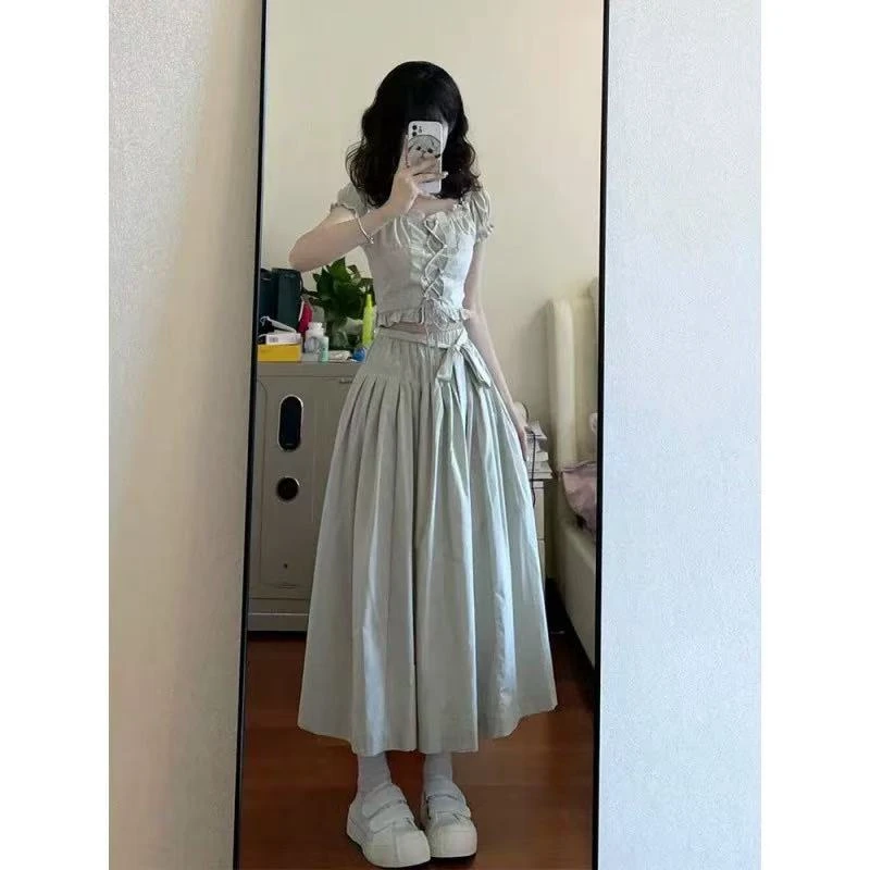 小个子套装裙女夏季新款法式绝美泡泡袖短上衣搭配长裙两件套
