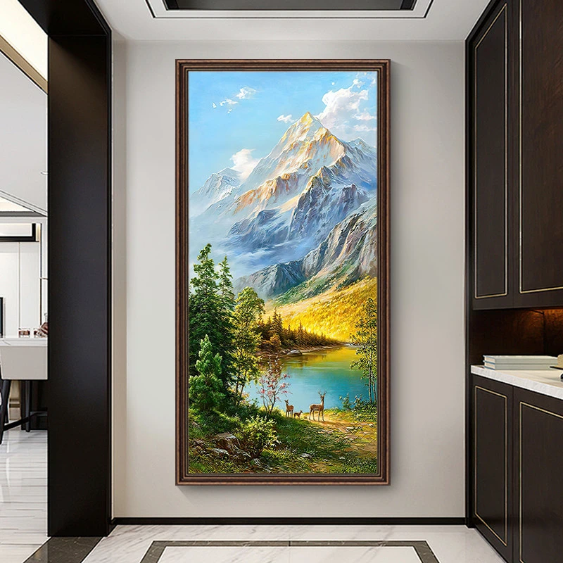 《福禄聚财》美式玄关竖版装饰画入户门山水大气风景楼梯过道壁画