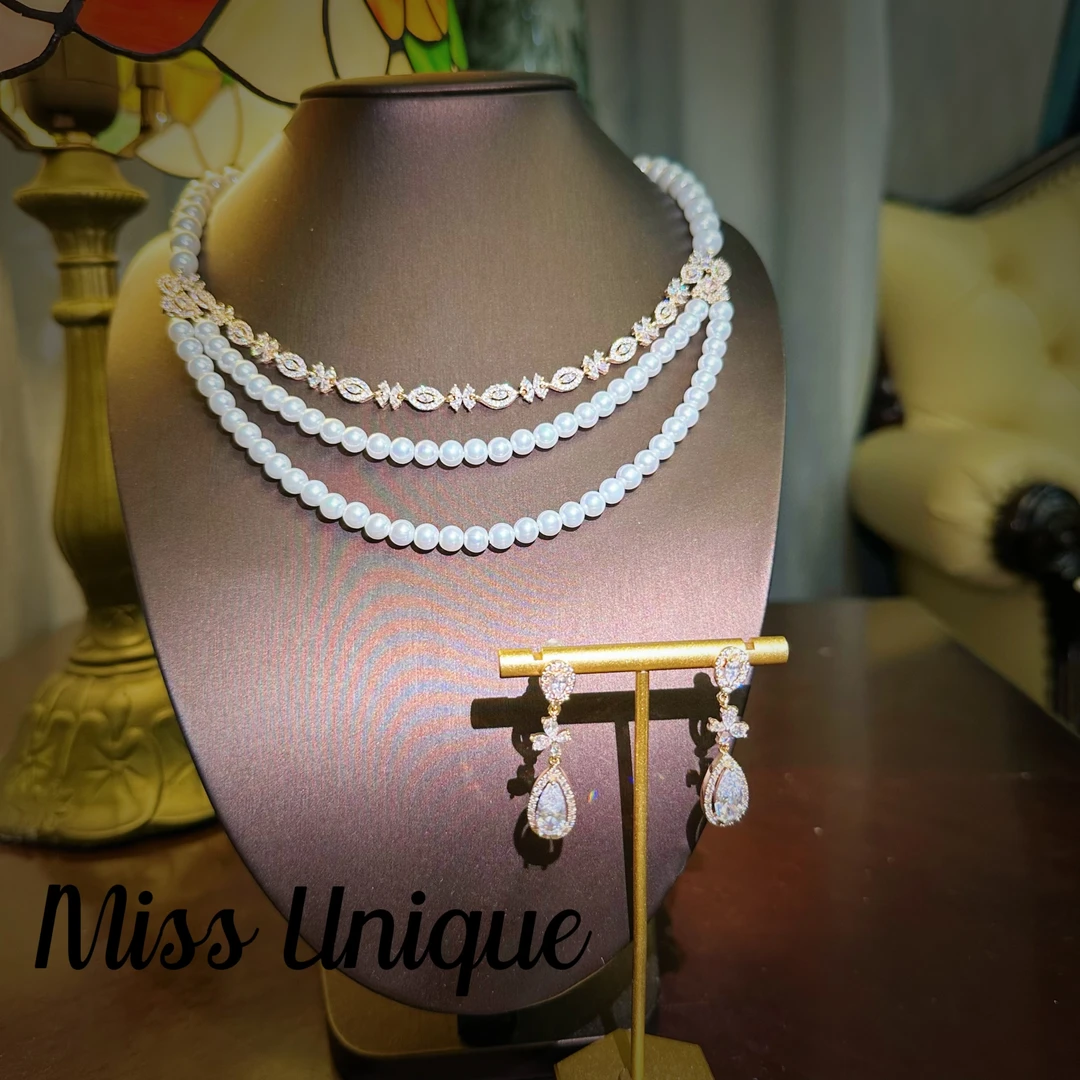 S6249金色链条三层珠珠项链套装