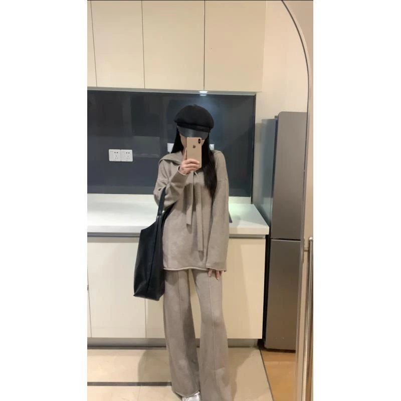 【披肩+毛衣+裤子三件套】休闲慵懒风高级感圆领针织成套套装潮秋冬