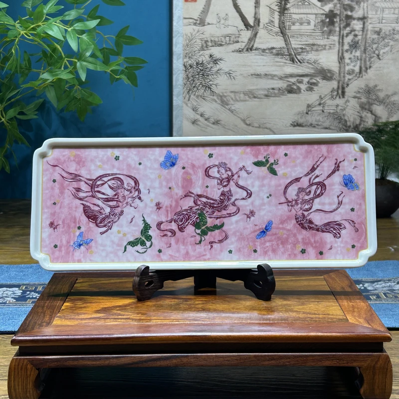 景德镇陶瓷拓片工艺敦煌飞天侍女干泡台茶盘摆件中式高端茶器送礼