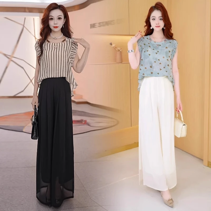 时尚套装女2025夏季新款洋气显瘦遮肉短袖上衣阔腿裤气质两件套潮