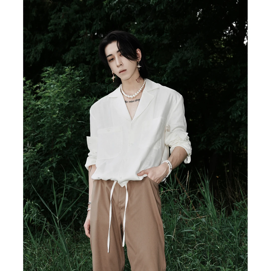 HARH“青织素缕”原创复古老钱风亚麻衬衫抽绳收腰薄款古巴领衬衣