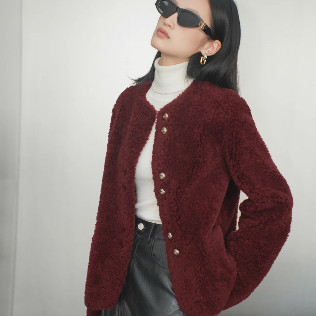 COVERINS2024冬季颗粒绵羊毛酒红气质短款小香风外套CC34510360