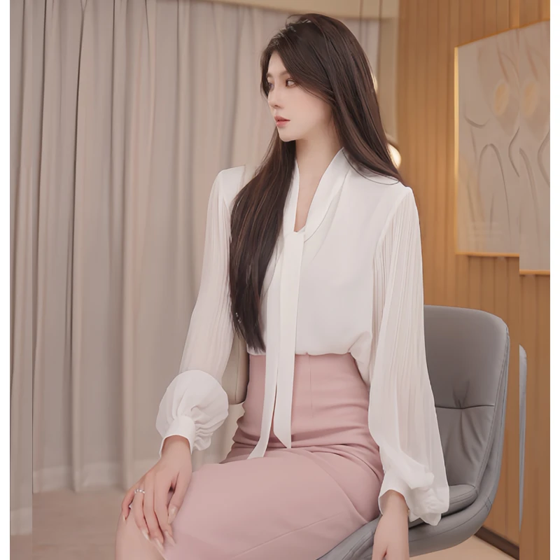 办公室lady狠狠推荐 色系太爱了 压褶飘带衬衫时尚气质显瘦衬衫B