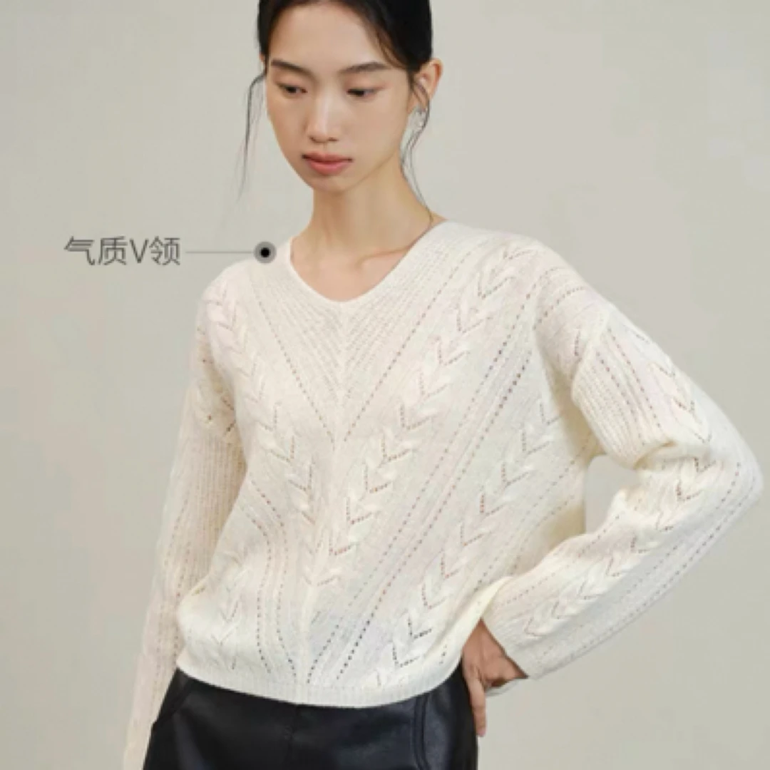 镂空衫秋冬针织长袖纯色重工提花毛衣套衫常规款打底衫