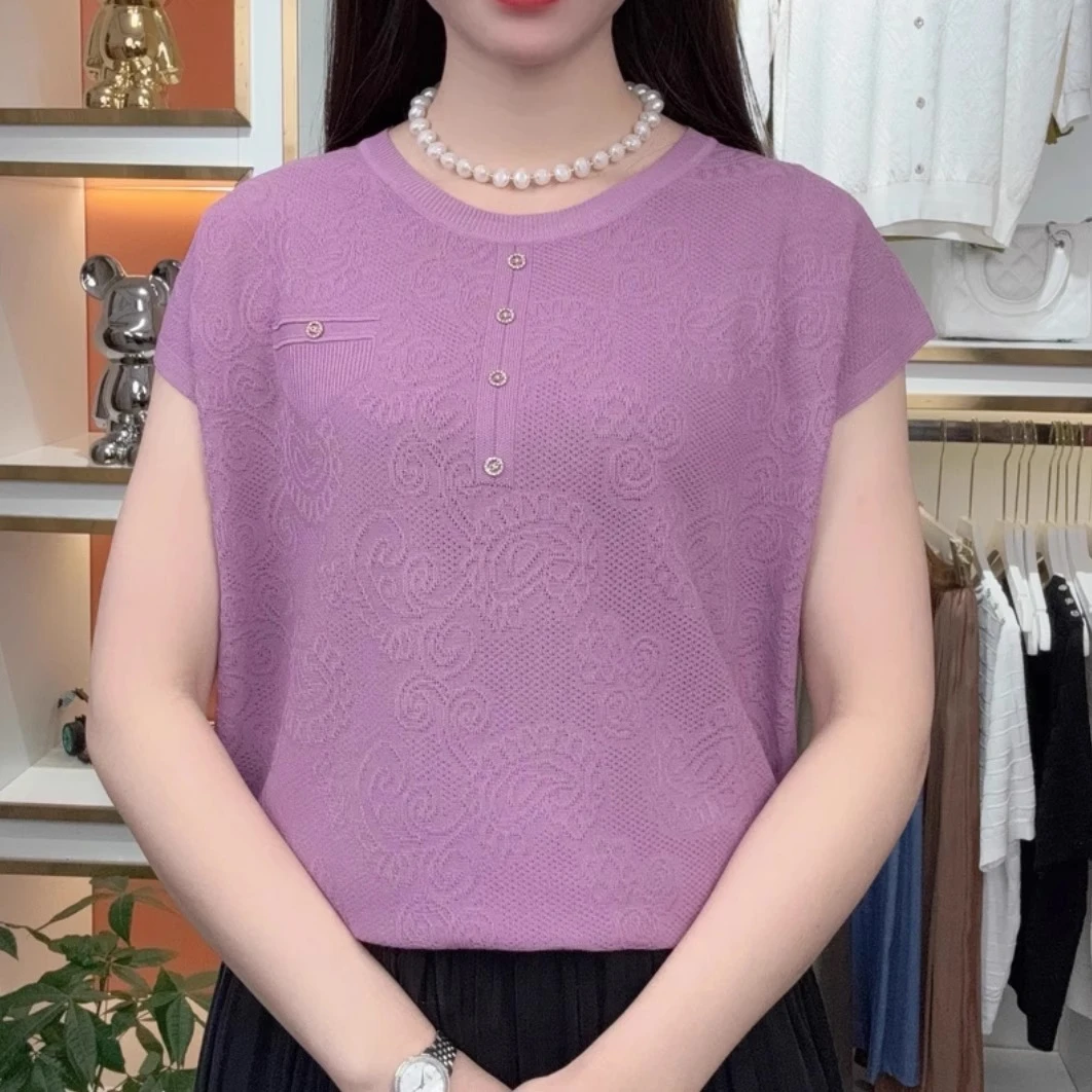 莱赛尔天丝爆款中年妈妈短袖纯色提花针织衫夏季新款圆领上衣女