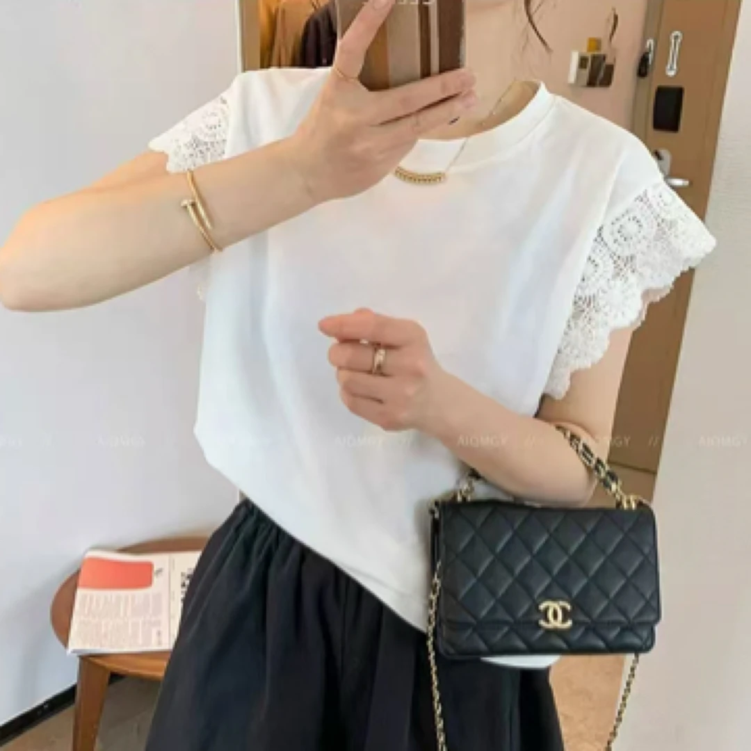 Meiky饼 轻奢风 洋气百搭蕾丝钩花拼接袖百搭T恤 2色