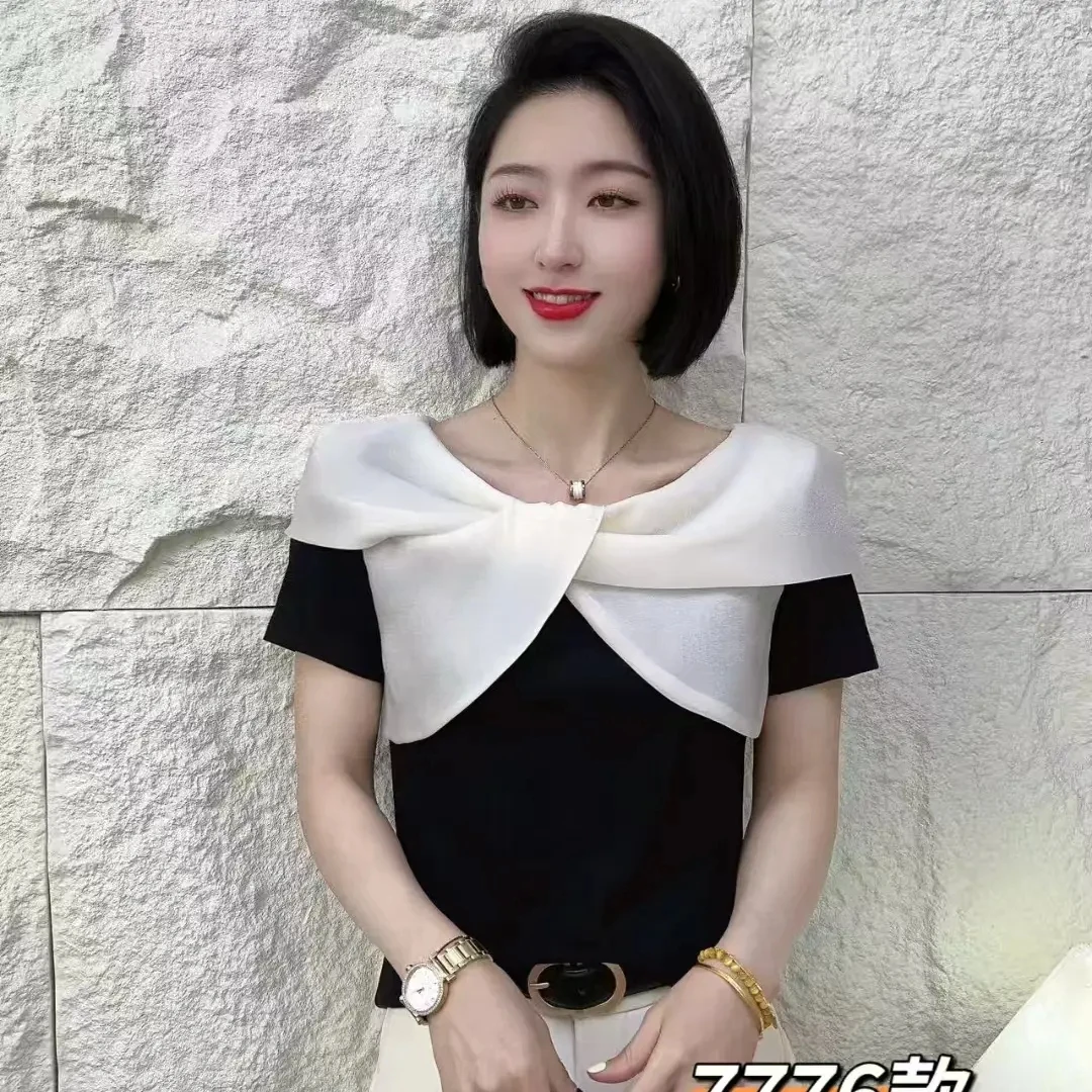 欧货轻奢法式2025夏季新品法式交叉领洋气t恤显瘦短袖87776