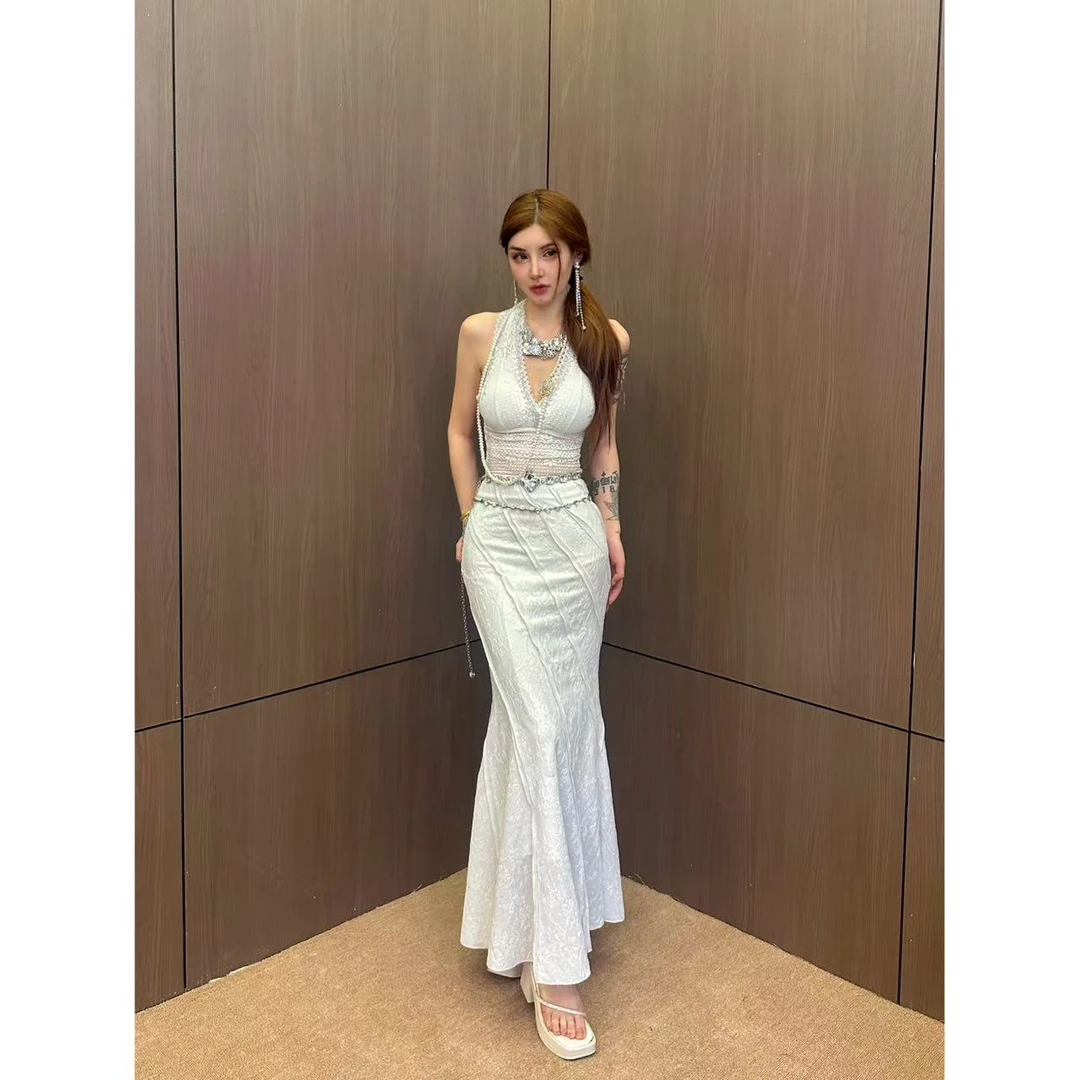 清 龙怼怼推荐【人鱼月光】小众套装女士蕾丝气质白色时尚包臀高腰