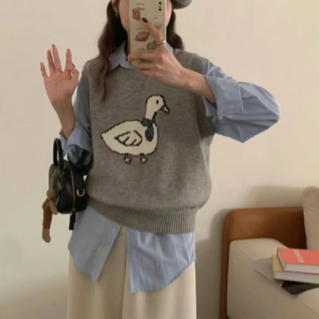 套头ins马夹网红上衣宽松无袖秋冬圆领提花小鸭百搭韩版时尚