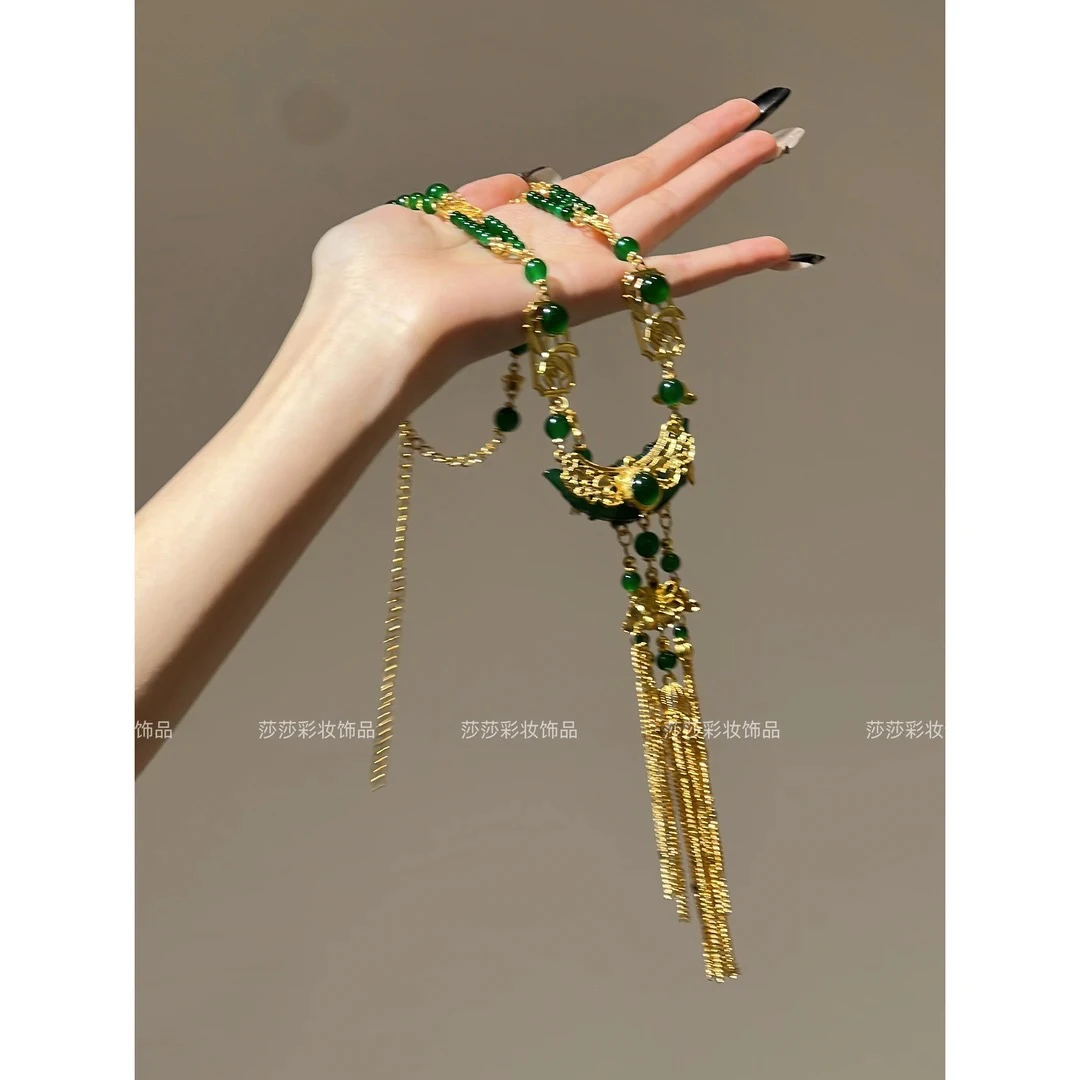 合金树脂项链 T7142金绿软链玉石新娘中式项圈温婉龙凤褂