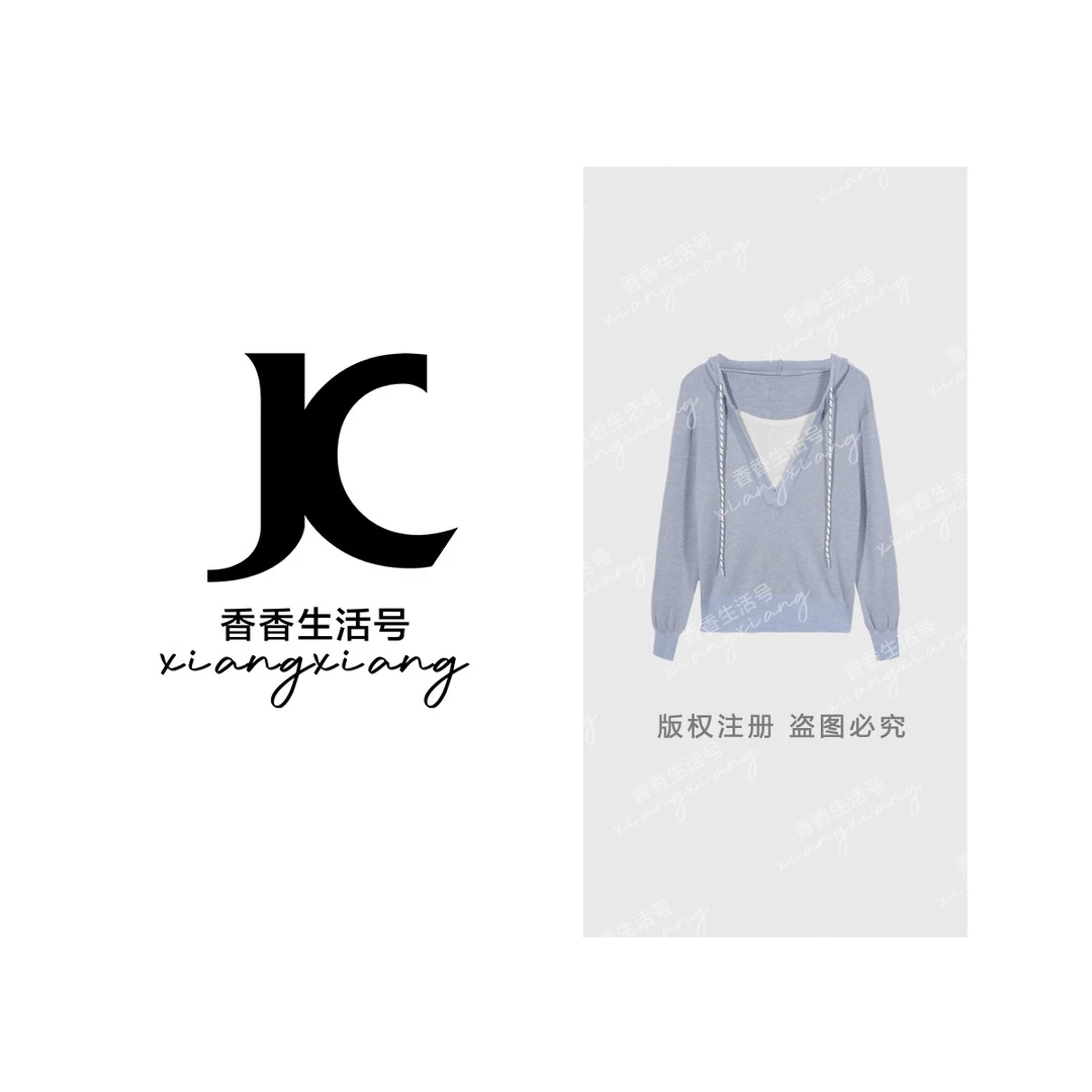 【香香严选】“雅致格调”2025春季新款欧若风假两件连帽针织衫66550