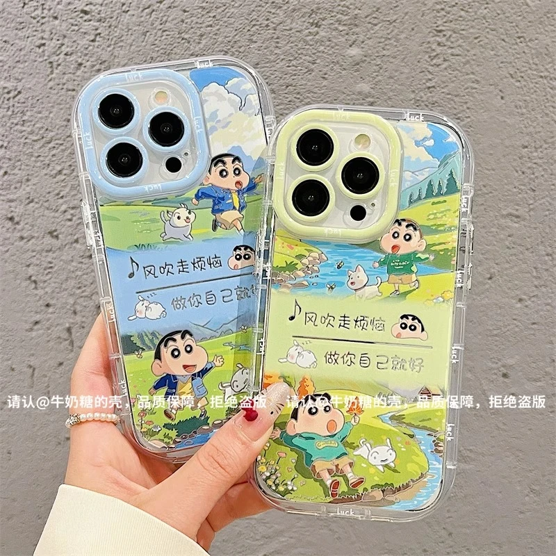 风吹烦恼小新适用苹果16羽纱手机壳华为vivo小米15OPPO女潮流新款