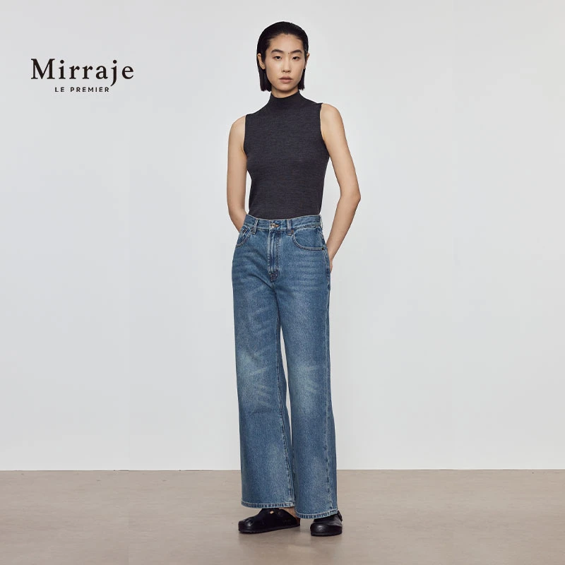 Mirraje复古水洗阔腿牛仔裤做旧女高腰显瘦直筒休闲拖地长裤