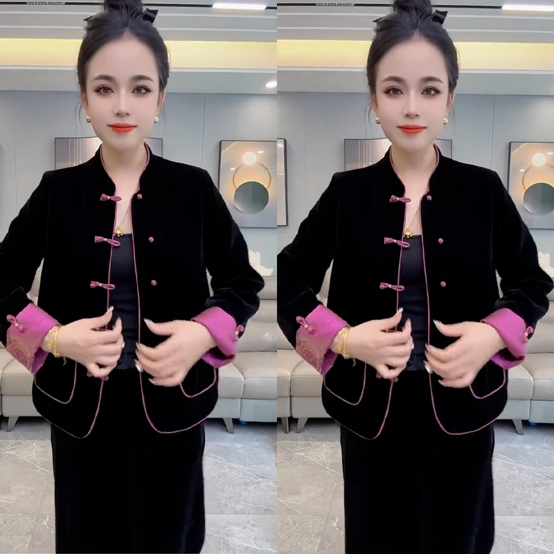 拼接撞色丝绒唐装外套女士春季新款立领拼色设计百搭国潮风上衣潮