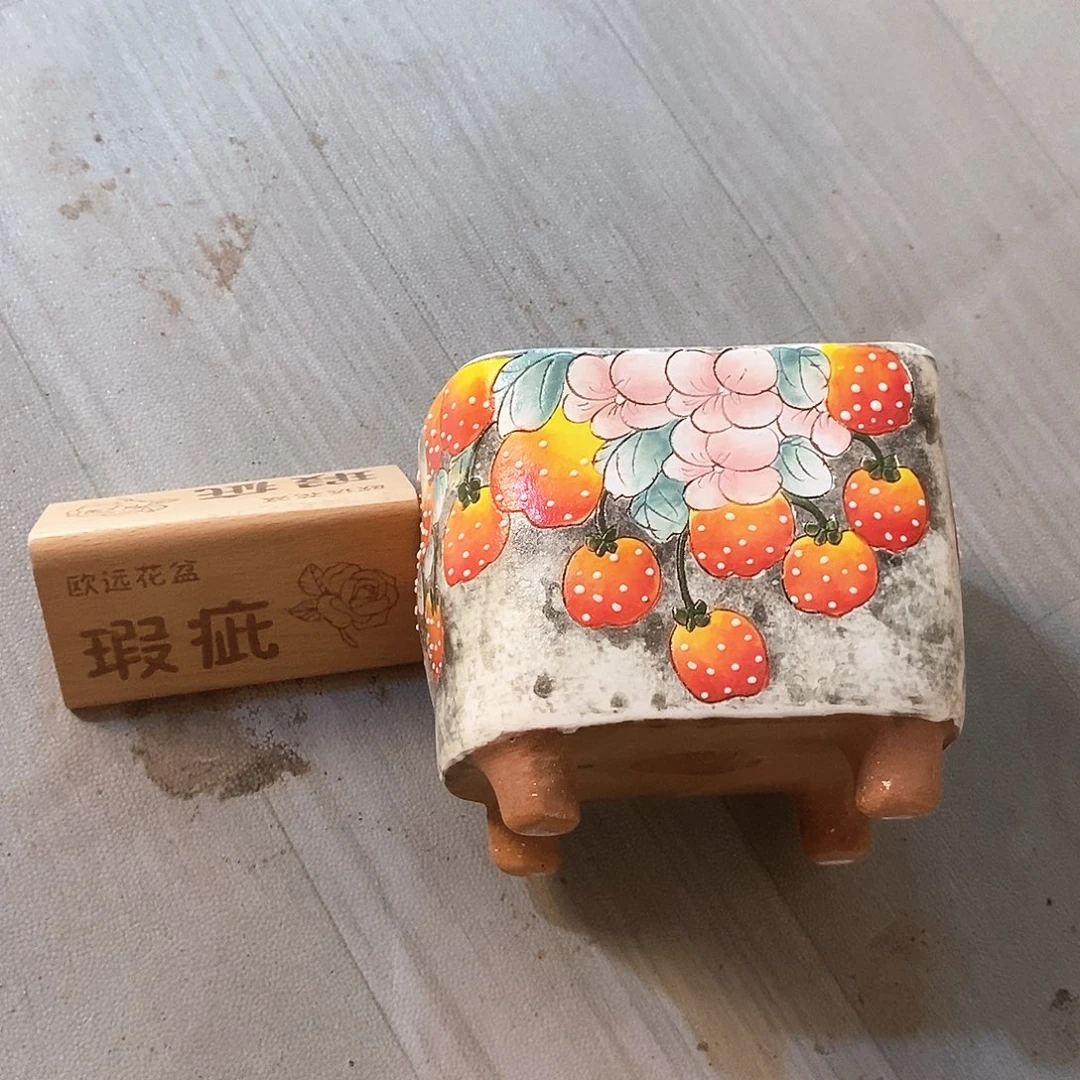 紫砂花盆红陶手绘花盆