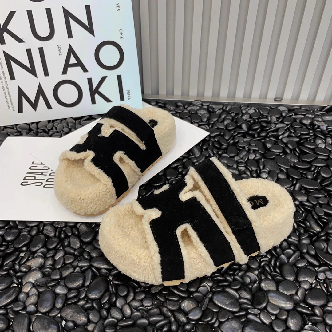毛毛拖鞋女外穿2025新款时尚磨砂皮厚底羔羔毛魔术贴一字拖二舅拖