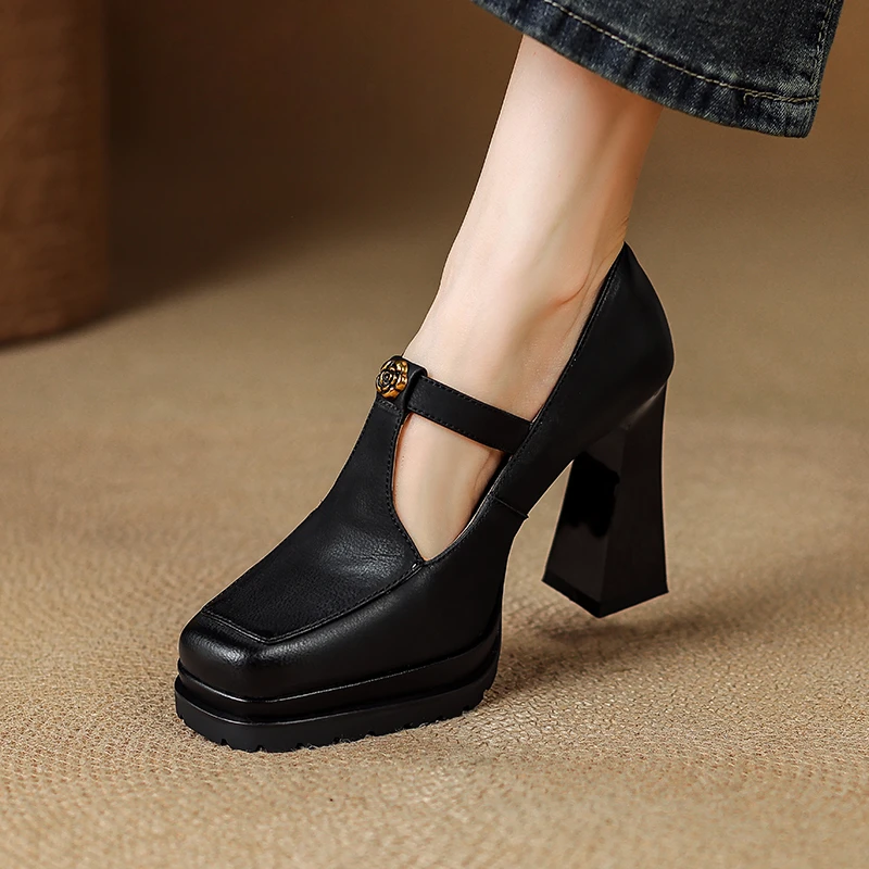 10.5cm头层牛皮复古方跟单鞋小个子防水台高跟鞋厚底粗跟玛丽珍鞋