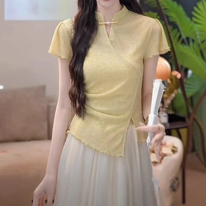 大码新中式国风盘扣短袖T恤女胖mm设计感修身显瘦气质上衣-25071