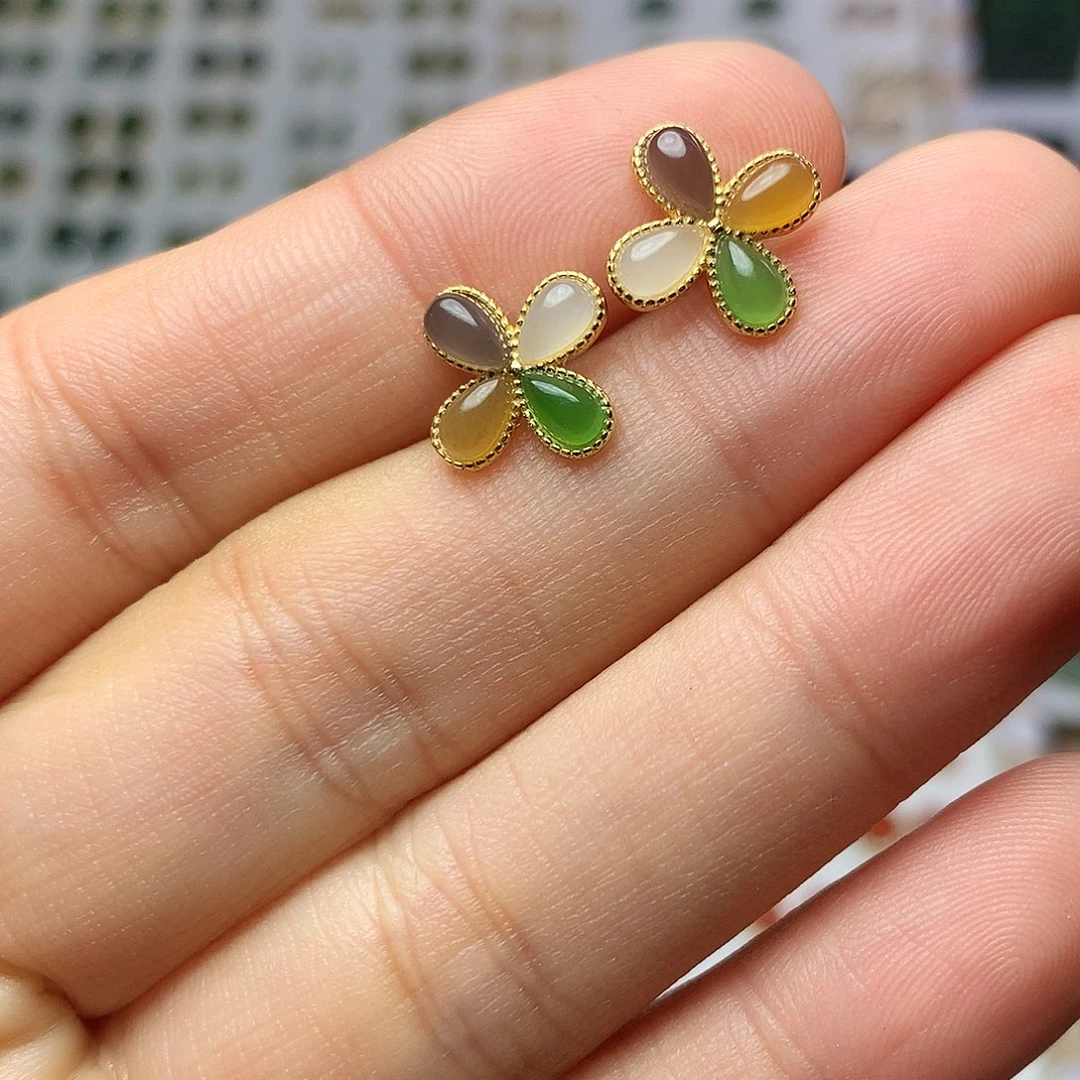 银S925镀金镶嵌和田玉耳饰