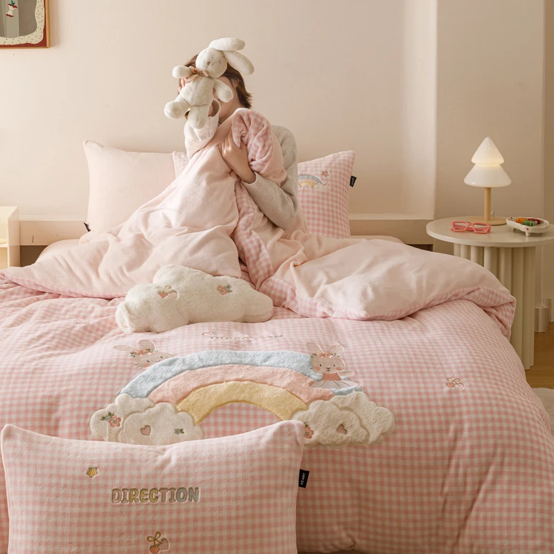 可爱牛奶绒四件套加厚冬季珊瑚毛绒床上加绒法兰绒被套床单三件套