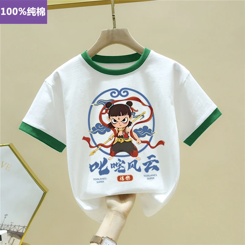 男女大中小儿童拼色夏季新款纯棉哪吒衣服同款短袖t恤打底上衣潮